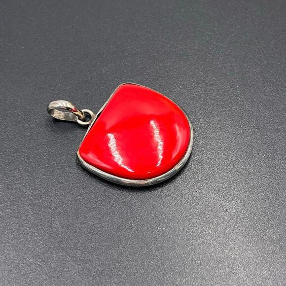 Bright Red Coral Stone and Sterling Silver 925 Pendant - Picture 1 of 7